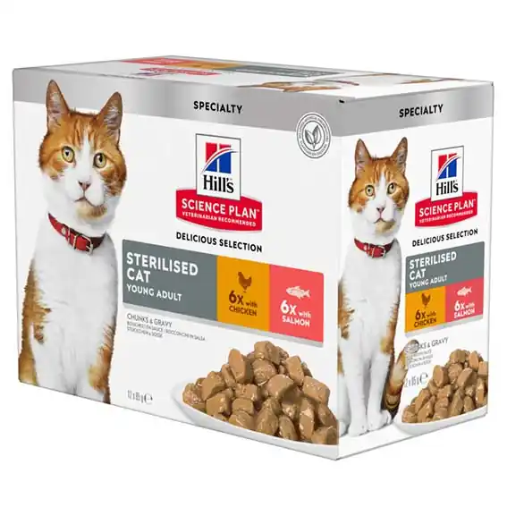 Kampanjpris Hill‘s Feline Sterilised Salmon & Chicken 12x85 g Multipack