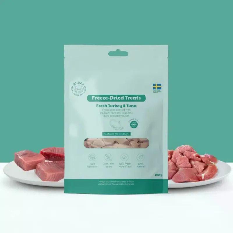 Beställ idag Buddy FD Treats Singles Raw Turkey & Tuna 100 g