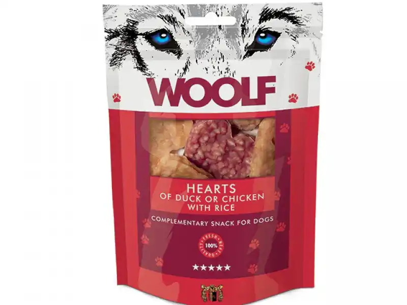 I lager Woolf - Ankor eller kycklinghjärtan med ris, 100g