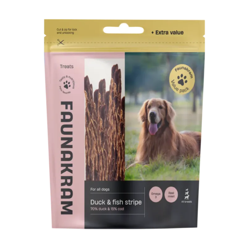 Faunakram - Snack Valuepack - Anka & Fiskstrimlor, 450g Beställ nu