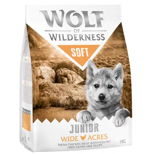 2 + 1 på köpet! 3 x 1 kg Wolf of Wilderness Classic/Soft - Junior Soft Wide Acres - Chicken Handla nu