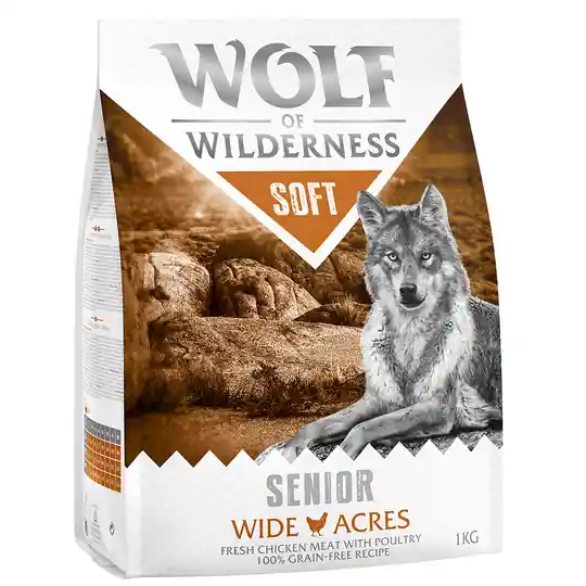 Begränsat erbjudande 2 + 1 på köpet! 3 x 1 kg Wolf of Wilderness Classic/Soft - Senior Soft Wide Acres - Chicken
