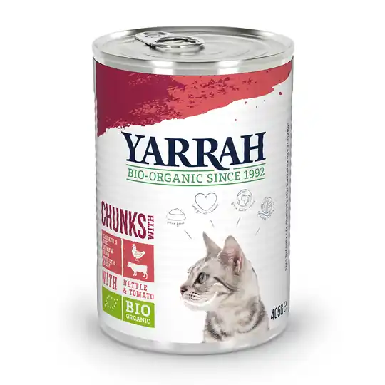 20 + 4 på köpet! 24 x 400 / 405 g Yarrah Bio kattmat - Chunks eko-kyckling & eko-nöt i sås (24 x 405 g) Rabatter