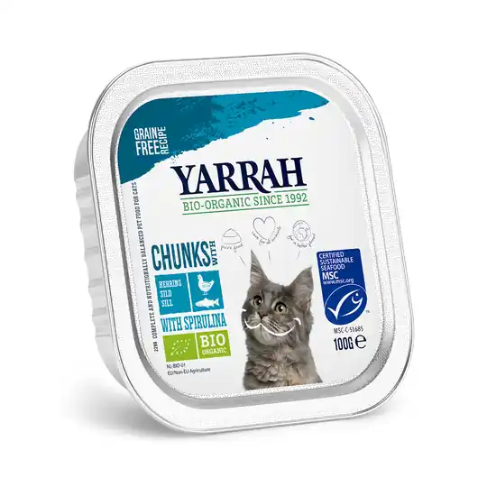 I lager 24 + 6 på köpet! 30 x 100 g Yarrah Organic Paté / Chunks kattmat - Organic Chunks Fisch med eko-spirulina