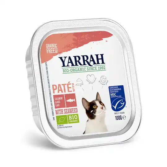 24 + 6 på köpet! 30 x 100 g Yarrah Organic Paté / Chunks kattmat - Organic Paté Lax med eko-alger Begränsat erbjudande