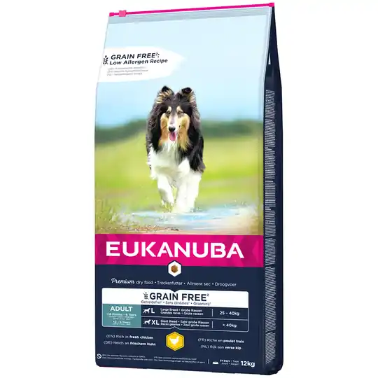 5x zooPoäng på 2,3 kg / 3 kg / 12 kg Eukanuba Large Breed torrfoder - Grain Free Adult Large Breed Chicken (12 kg) Sänkt pris