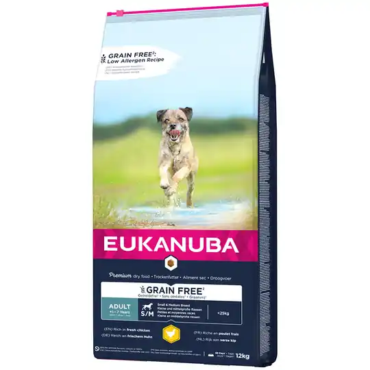 5x zooPoäng på 3 kg / 12 kg Eukanuba Grain Free Small/Medium - Adult Small / Medium Breed Chicken (12 kg) Extra rabatt