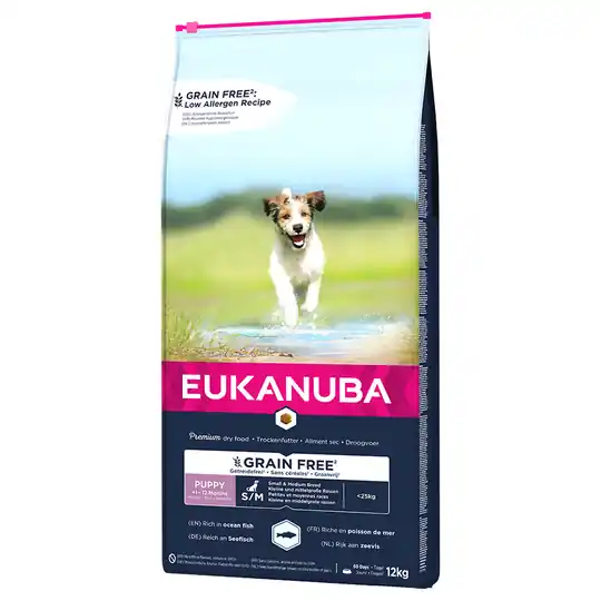 Premium 5x zooPoäng på 3 kg / 12 kg Eukanuba Grain Free Small/Medium - Puppy Small / Medium Breed Salmon (12 kg)