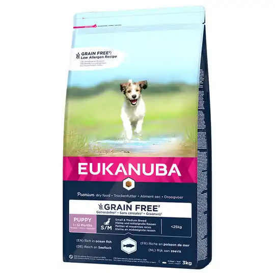 5x zooPoäng på 3 kg / 12 kg Eukanuba Grain Free Small/Medium - Puppy Small / Medium Breed Salmon (3 kg) Expressleverans