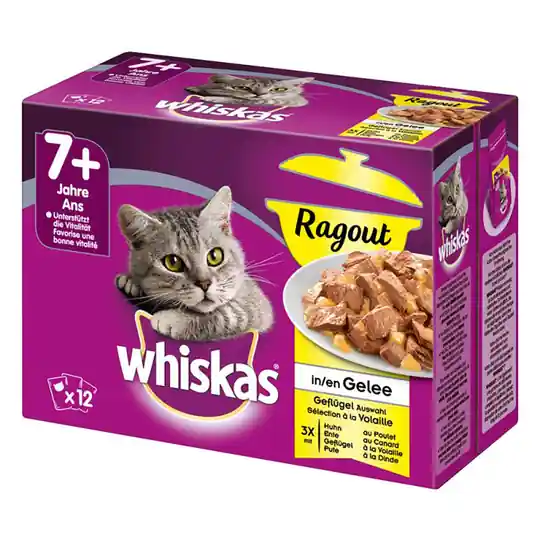 76 + 20 på köpet! 96 x 85 / 100 g Whiskas portionspåsar - Senior 7+ Ragout Fjäderfäurval i gelé I lager