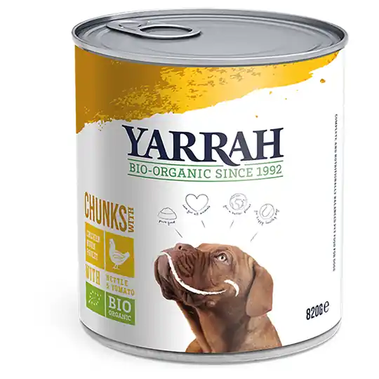 Fynd 9 + 3 på köpet! 12 burkar Yarrah Organic - Sås eko-kyckling med eko-nässlor och eko-tomat 12 x 820 g