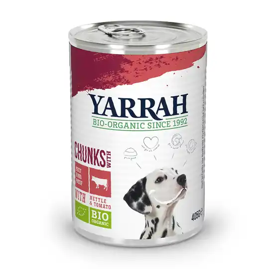 Begränsad tid 9 + 3 på köpet! 12 burkar Yarrah Organic - Sås eko-kyckling, eko-nötkött, eko-nässlor & eko-tomater 12 x 405 g