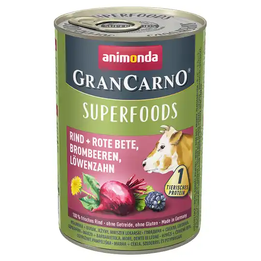 Lägg i varukorgen Animonda GranCarno Adult Superfoods 24 x 400 g Nötkött & rödbetor, björnbär, maskros