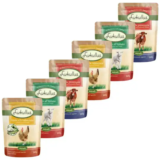 Kundfavorit Blandat provpack Lukullus Adult 6 x 400 g - Blandpack Mediterran portionspåsar 6 x 300 g