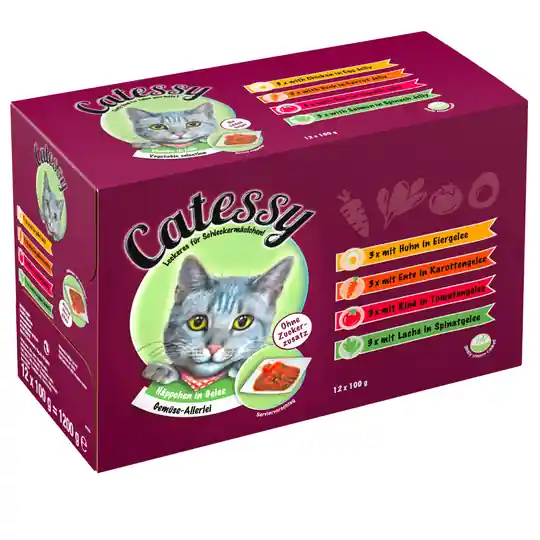 Nedsatt pris Catessy blandade smaker bitar i sås 12 x 100 g Bitar i gelé - allsköns grönsaker
