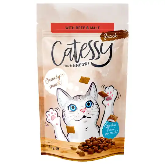 prisnedsättning Catessy Knapersnacks 65 g - Ekonomipack 3 x 65 g Antihairball Nötkött & malt