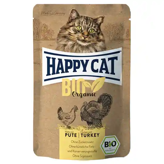 Ekonomipack Happy Cat Bio Pouch 12 x 85 g - Eko-kyckling & eko-kalkon Begränsat antal