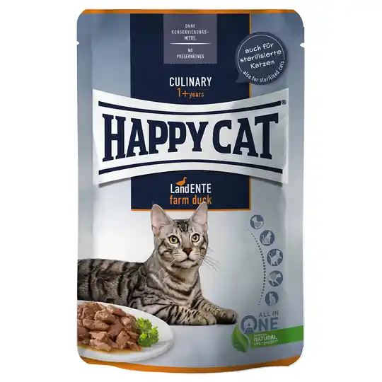 Köp online Ekonomipack Happy Cat Pouch Meat in Sauce 24 x 85 g - Farm Duck - anka