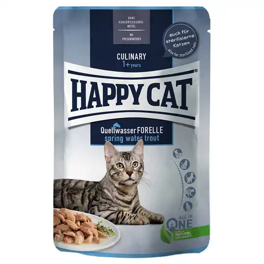 Köp nu Ekonomipack Happy Cat Pouch Meat in Sauce 48 x 85 g - Spring Water Trout - öring