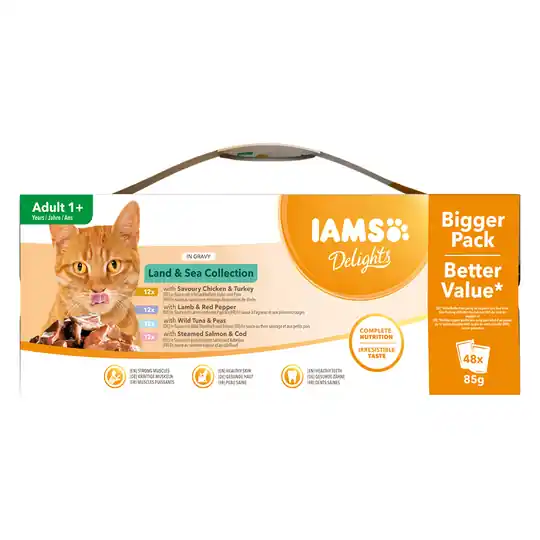 Ekonomipack IAMS Delights i sås eller gelé 48 x 85 g - Land & Sea mix i sås Nyhet