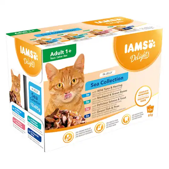 Ekonomipack IAMS Delights i sås eller gelé 48 x 85 g - Sea Mix i gelé Erbjudande