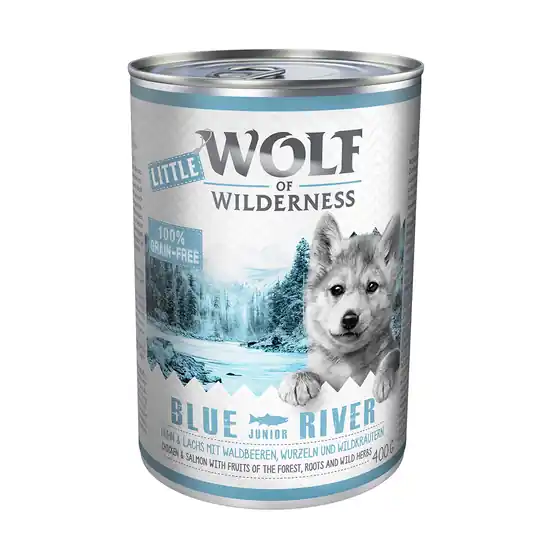 Ekonomipack Little Wolf of Wilderness 24 x 400 g - Blue River Junior - Chicken & Salmon Outlet
