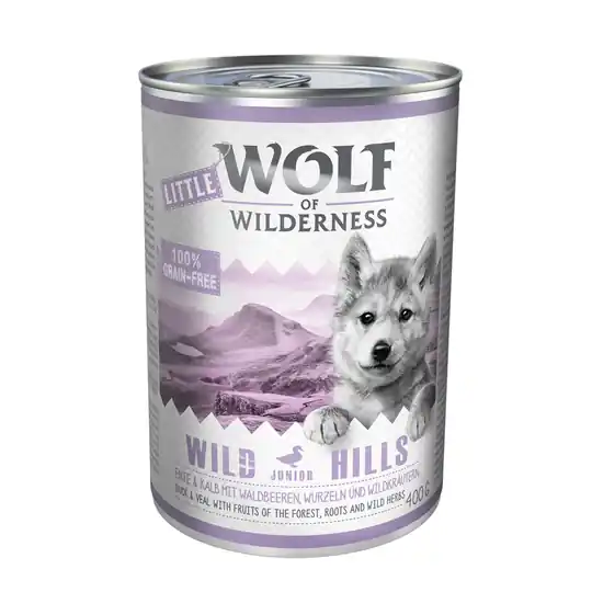 Ekonomipack Little Wolf of Wilderness 24 x 400 g - Wild Hills Junior - Duck & Veal Billigare