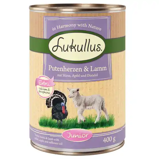 Ekonomipack Lukullus Junior 24 x 400 g - Kalkonhjärta & lamm Kampanj