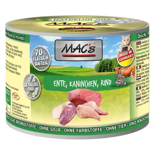 Ekonomipack MAC‘s Cat kattfoder 12 x 200 g - Anka, kanin, nötkött Nedsatt pris