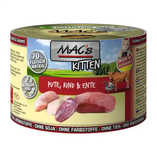 Ekonomipack MAC‘s Cat kattfoder 12 x 200 g - Kitten Kalkon, anka & nötkött Rea