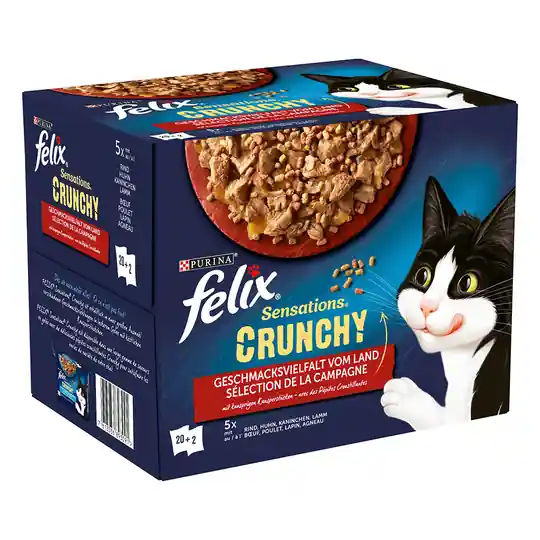 Latz "Sensations Crunchy" Pouches 20 x 85 g + 80 g topping - Kyckling, Nötkött, Kanin, Lamm Expressleverans