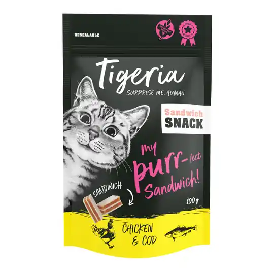 Tigeria Sandwich Snack Kyckling & torsk 100 g - Ekonomipack 3 x 100 g Bästa pris