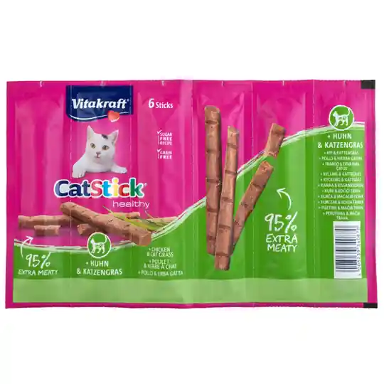 Beställ idag Vitakraft Cat Stick Healthy kattgodis Ekonomipack 24 x 6 g Kyckling & kattgräs