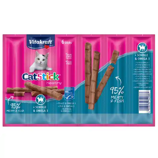prisnedsättning Vitakraft Cat Stick Healthy kattgodis Ekonomipack 24 x 6 g Rödspetta & omega 3