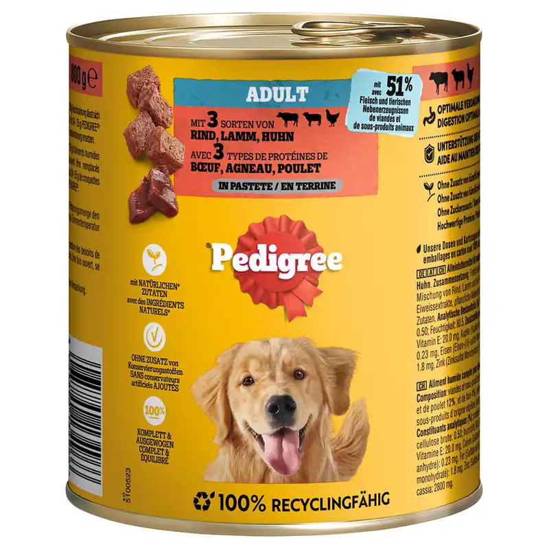 Pedigree Classic 12 x 800 g - Nötkött, lamm & kyckling i paté Sista chansen