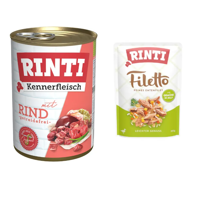 6 x 400 g RINTI Kennerfleisch + 100 g Filetto Pouch i gelé Anka med grönsaker på köpet! - Adult Nötkött Trygg betalning