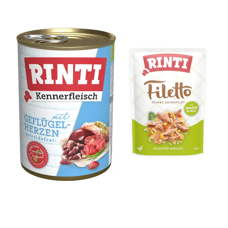 6 x 400 g RINTI Kennerfleisch + 100 g Filetto Pouch i gelé Anka med grönsaker på köpet! - Adult Fjäderfähjärta Sista chansen