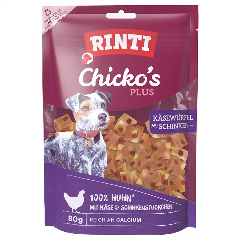 Utförsäljning RINTI Chicko‘s Plus ost- och skinktärningar - Ekonomipack 12 x 80 g