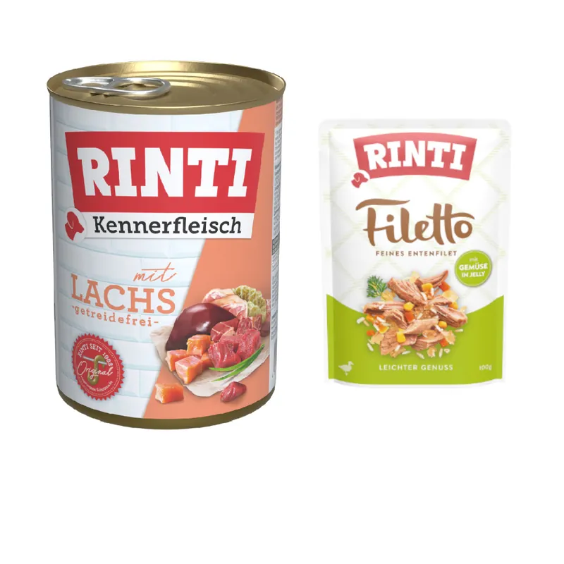 6 x 400 g RINTI Kennerfleisch + 100 g Filetto Pouch i gelé Anka med grönsaker på köpet! - Adult Lax I lager