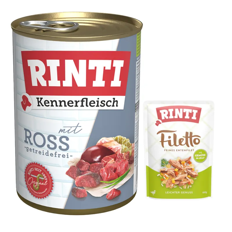 6 x 400 g RINTI Kennerfleisch + 100 g Filetto Pouch i gelé Anka med grönsaker på köpet! - Adult Häst Erbjudande