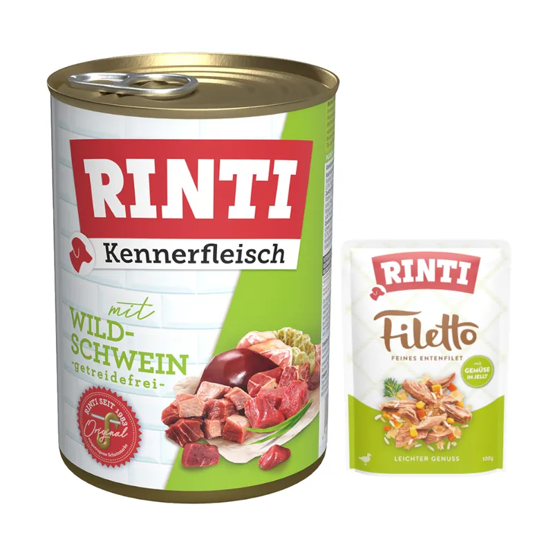 Bästa pris 6 x 400 g RINTI Kennerfleisch + 100 g Filetto Pouch i gelé Anka med grönsaker på köpet! - Adult Vildsvin