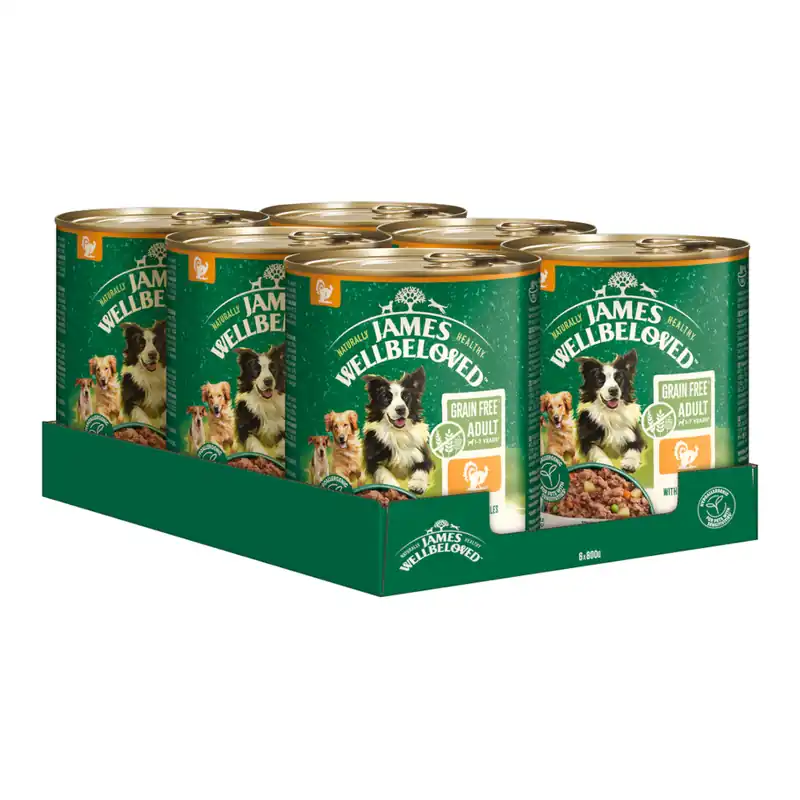 Begränsat antal James Wellbeloved Grain Free Adult Dog Hypoallergenic med kalkon - Ekonomipack 12 x 800 g