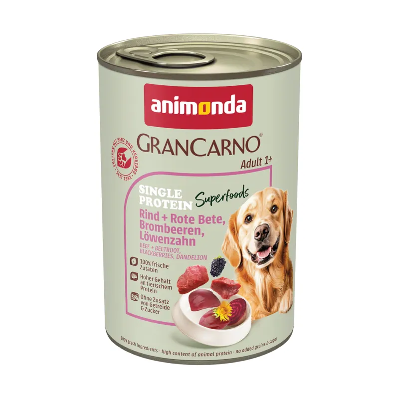 Ekonomipack Animonda GranCarno Adult Single Protein Superfoods 24 x 400 g - Nötkött & rödbeta, björnbär, maskros Lägg i varukorgen