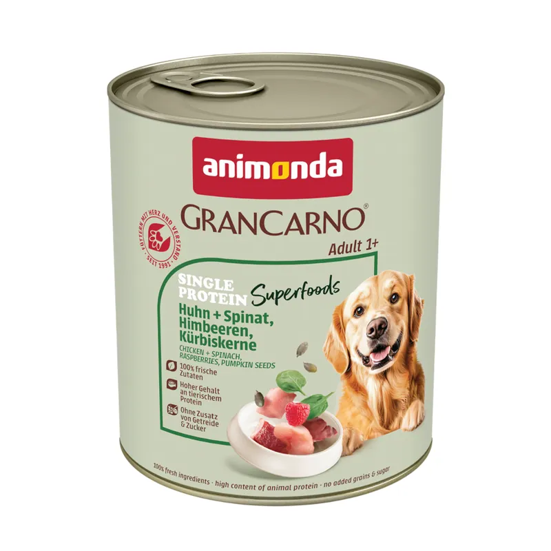 Nyhet Animonda GranCarno Adult Single Protein Superfoods 6 x 800 g - Kyckling & spenat, hallon, pumpakärnor