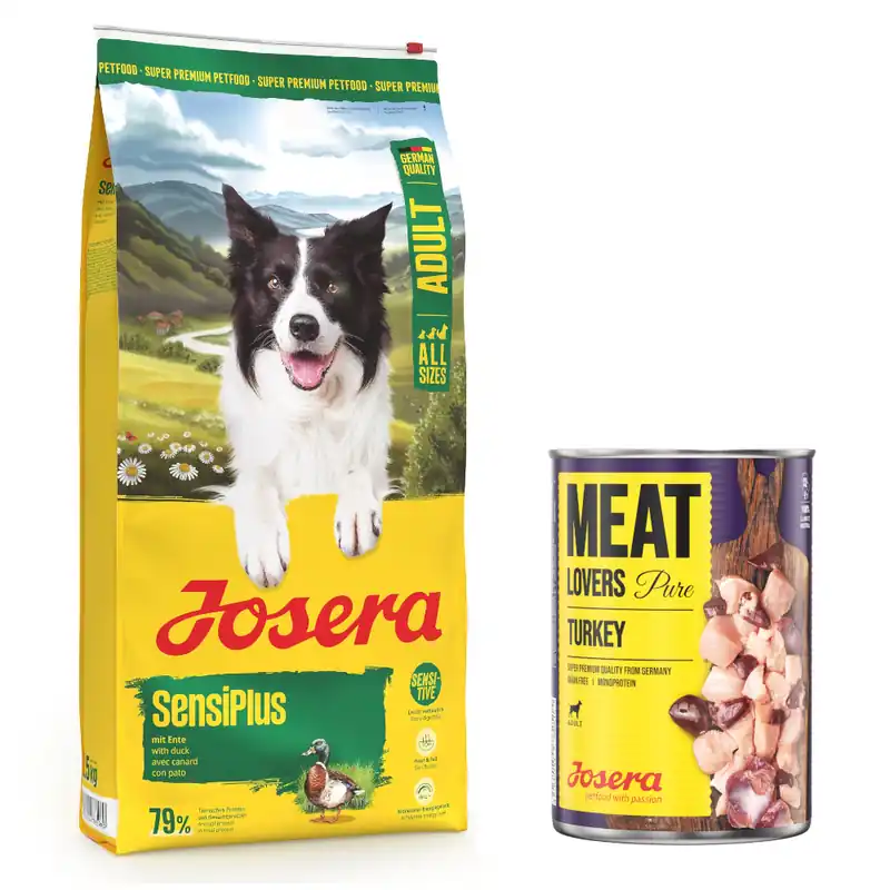 12,5 kg Josera Adult + Meatlovers, 6 x 400 g / 6 x 800 g på köpet! - SensiPlus, 12,5 kg + Pure, kalkon (tidigare design), 6 x 400 g Endast idag