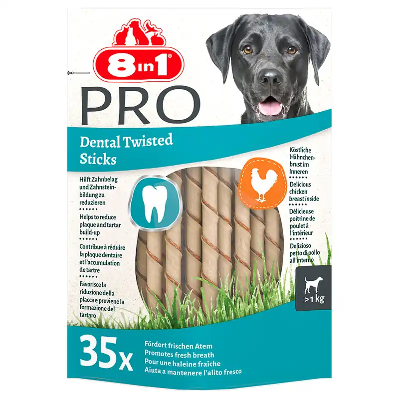 Erbjudande 8in1 Pro Dental Twisted Sticks med kyckling - Ekonomipack 2 x 35 st