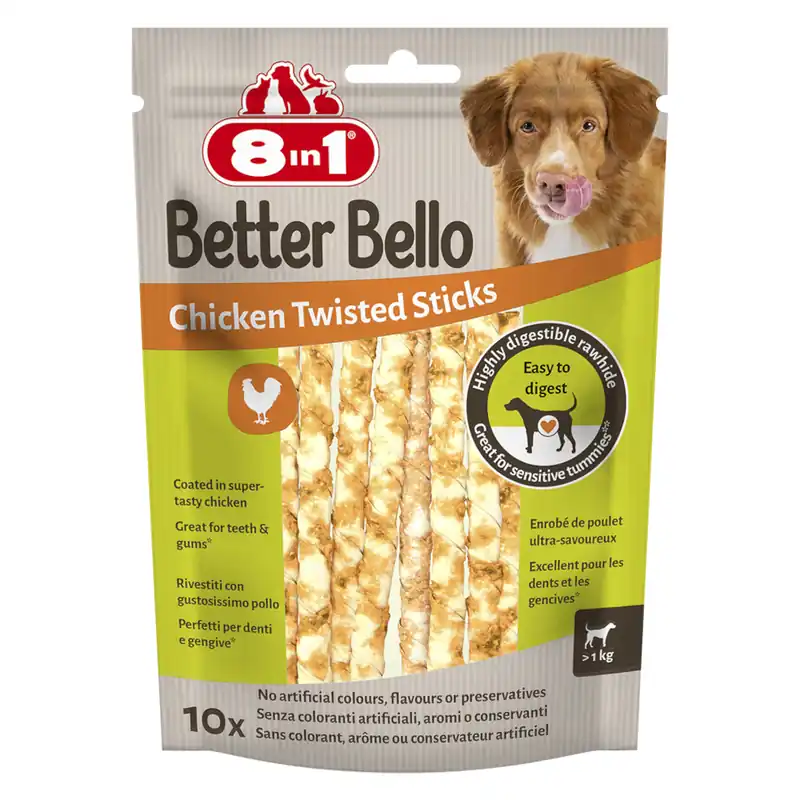 2 + 1 på köpet! 8in1 Better Bello hundgodis - kyckling Twisted Sticks 3 x 10 st (3 x 60 g) Nyhet