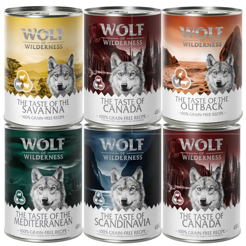 Blandpack Wolf of Wilderness våtfoder - 6 x 400 g burk The Taste Of (5 sorter) Outlet