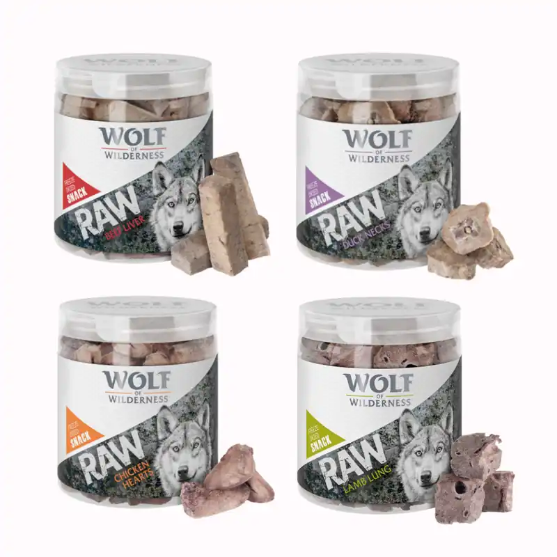 Blandpack Wolf of Wilderness - RAW (frystorkad) Snack-Mix Blandpack 4 sorter kycklinghjärta, nötlever, lammlunga, ankhals 300 g Snabb leverans