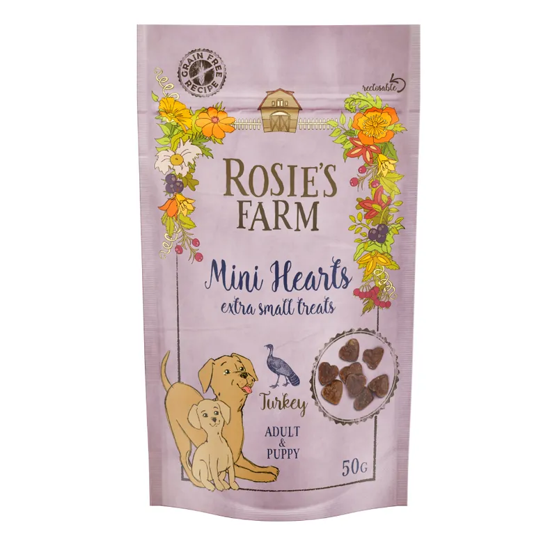 Rosie‘s Farm Puppy & Adult "Mini Hearts" Turkey - Ekonomipack 3 x 50 g Snabb leverans